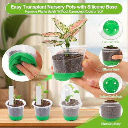 59Pcs Clear Nursery Pots Kits with Grow Light Includes 22 Pack 4'' Seed Starter Pots with Silicone Base & Lids, Clear Plant Pots for Propagation, Seedling Pots Kit with Drainage, Labels, Repotting Mat - size: 4 Inch