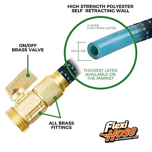 Flexi Hose Expandable Garden Hose with 8 Function Nozzle, 50FT - Lightweight Retractable Garden Hose, Water Hose - No-Kink Flexibility, 3/4 Inch Solid Brass Fittings and Double Latex Core - size: 50ft