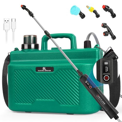 2 Gallon Electric Sprayer, Battery Powered Garden Sprayer with 3 Adjustable Speed, Automatic Water Pump Weed Yard Lawn Sprayer with 4 Mist Nozzles, USB Rechargeable Handle, Retractable Wand for Plants - color: Green