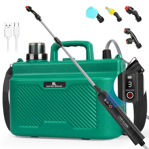 2 Gallon Electric Sprayer, Battery Powered Garden Sprayer with 3 Adjustable Speed, Automatic Water Pump Weed Yard Lawn Sprayer with 4 Mist Nozzles, USB Rechargeable Handle, Retractable Wand for Plants - color: Green