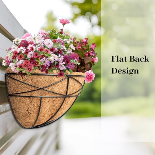 4 Pack 16 Inch Window Boxes Planters Railing Planter Box with Coco Liners Deck Railing Planter Boxes Balcony Hanging Flower Box Wall Mounted Half Round for Outdoor Plants Garden Decor - size: 16 Inch