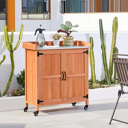 Topeakmart Potting Bench for Outside with Storage Cabinet & Metal Top,Brown - color: Brown