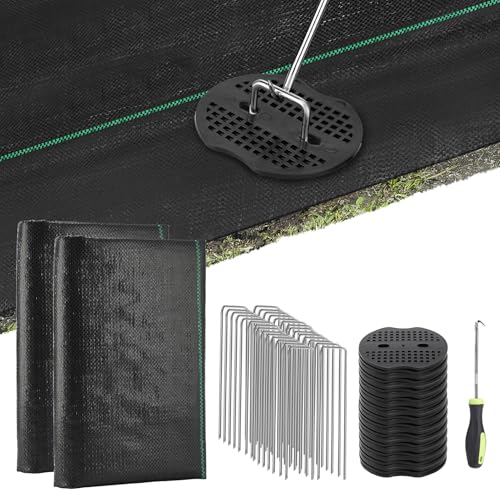 PAMASE Landscape Weed Barrier Fabric - 40pcs Tear-Proof Gaskets, 40pcs Garden Stakes, Pick Hook, 3.2oz Heavy Duty Outdoor Ground Cover Weed Cloth Control - 3 x 100ft - size: 3 x 100ft
