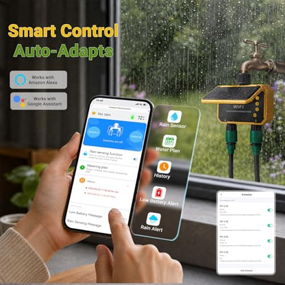 Sprinkler Timer, Solar WiFi Water Timer for Garden Hose, 2 Zone Water Sprinkler with Rain Sensor and Manual Mode via APP/Voice Control, Automatic Irrigation Control System for Lawns, Yard and Pool