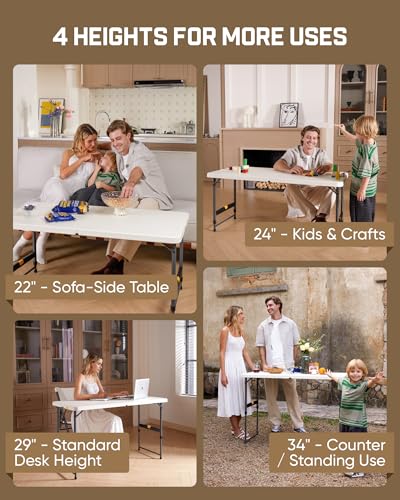 FanttikOutdoor Folding Table 4 Foot Quick Adjust Portable Plastic 4 Heights - color: Granite White