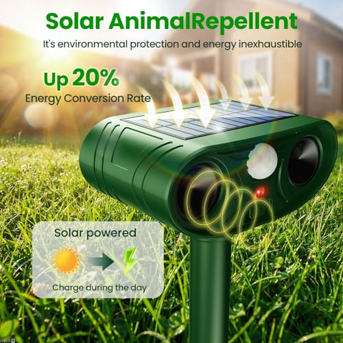 2026 New Upgrade Solar Powered Ultrasonic Animal Repellent Outdoor | Motion Activated Flash Light IP65 Waterproof Repeller Drives Away Deer Opossums for Yard Farm (4-Pack)