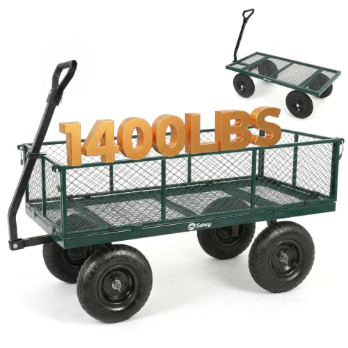 Sekey 7.7 Cu Ft Steel Garden Cart, 1400 lb Capacity, Towable Handle - color: Green, size: 1400LBS