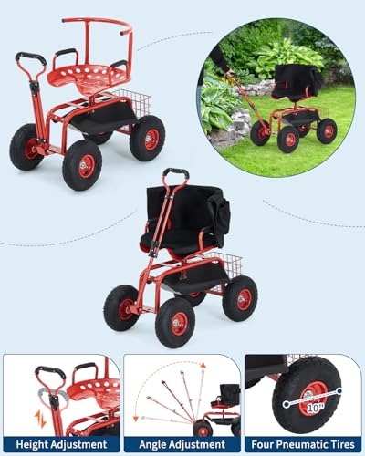 Garvee Heavy Duty Garden Cart, Garden Scooter Rolling Work Seat - color: Red With Back