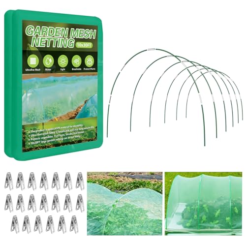 Garden Netting Kit for Raised Beds, 10x30FT Green Ultra Fine Mesh Netting ＆6 Sets of 8FT Garden Hoops, Insect Netting Row Cover Net Protect Plants Vegetable Fruits Flowers - color: Green, size: 10x30FT