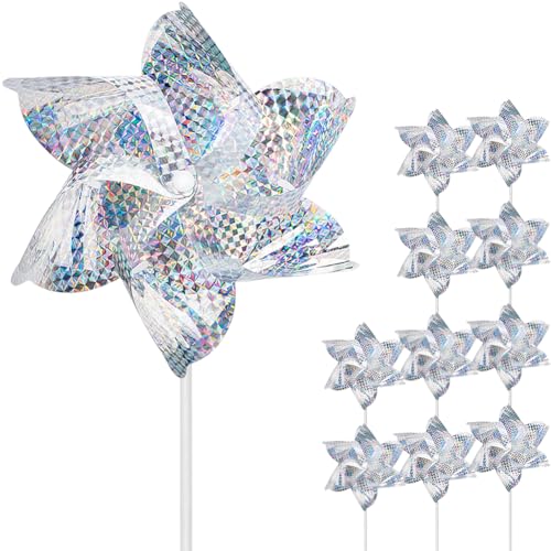 10 Pack Reflective Pinwheels for Garden Yard - Sparkly Silver Bird Deterrent Devices for Outside - Humane Woodpecker, Pigeon & Goose Repellent Wind Spinners - Decorative Mylar Pin Wheels with Stakes