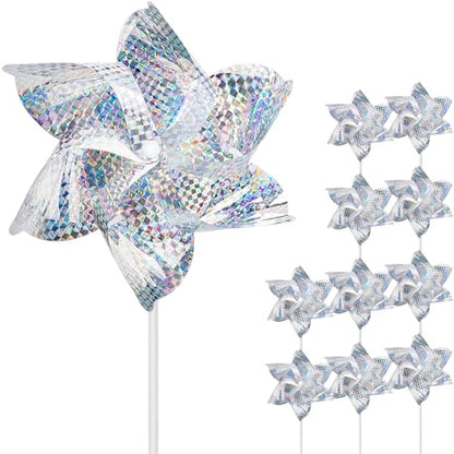 10 Pack Reflective Pinwheels for Garden Yard - Sparkly Silver Bird Deterrent Devices for Outside - Humane Woodpecker, Pigeon & Goose Repellent Wind Spinners - Decorative Mylar Pin Wheels with Stakes