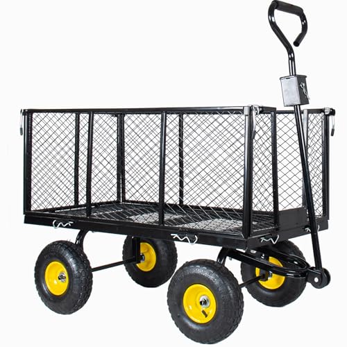 4-in-1 Steel Dump Garden Cart, 880lbs Oversized Pullable Mesh Metal Cart, All-Terrain Utility Cart with Removable Liner, Side Panels & Mesh Tray, Black for Outdoor Lawn Patio Landscaping