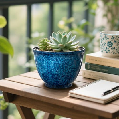 8 Inch Plant Pots Indoor Outdoor, Glazed Plastic Planter with Drainage - color: Blue