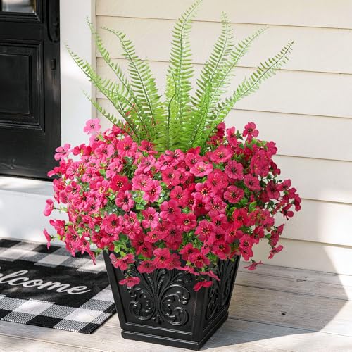 HyeFlora Artificial Faux Outdoor Flowers Plants for Spring Summer Decoration, 14 Bundles Fake Silk Colorful Daisy Ferns UV Resistant Realistic for Home Porch Patio Yard Window Box (Hot Pink) - color: Hot Pink