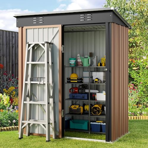 Gizoon 5x3 FT Outdoor Shed, Galvanized Metal Shed Lockable Door, Brown - color: Brown, size: 5' x 3' FT/Sloped-roof