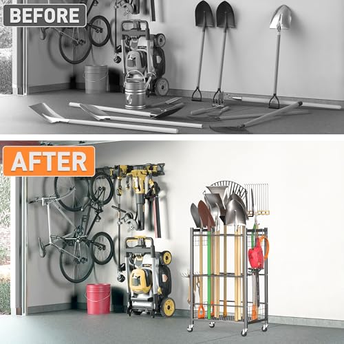 TORACK Garden Tool Stand with Wheels, Rakes Shovels Holder Yard Tools Organizer for Garage, Garden, Shed Indoor/Outdoor Long-Handled Tools Cart(Tool stand) - style: Tool stand