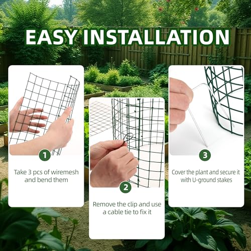 6 Sets of DIY Metal Plant Protectors from Deer, Garden Fencing Animal Barrier Size 11.8 * 12.9 inches, Mesh Plant Cage Chicken Wire Cloche for Plants with Stakes and Nylon Cables - size: 6 Sets