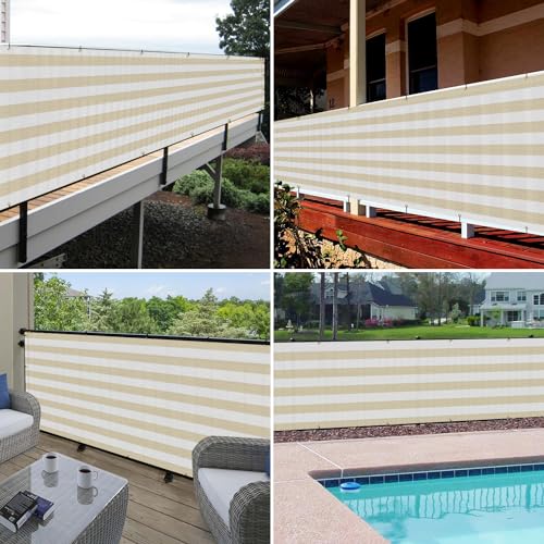 Windscreen4less 3'x13' Deck Balcony Privacy Screen Fence Apartment Balcony Mesh Screen with Zip Ties Chain Link Fence Cover UV Protection for Outdoor Patio Backyard Pool Porch Railing, Beige & White