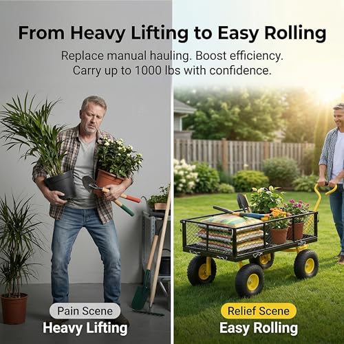 Finnhomy Heavy Duty 1000 Lbs Capacity Mesh Steel Garden Cart, Pullable Garden Wagons Carts on Wheels, Folding Utility Wagon with Removable Sides for Outdoor, Yard, Lawn, Yellow - color: Yellow