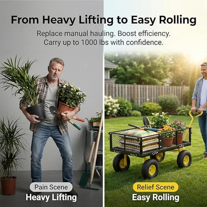 Finnhomy Heavy Duty 1000 Lbs Capacity Mesh Steel Garden Cart, Pullable Garden Wagons Carts on Wheels, Folding Utility Wagon with Removable Sides for Outdoor, Yard, Lawn, Yellow - color: Yellow