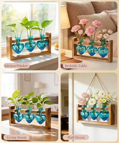 Nacome Plant Terrarium with Wooden Stand, 3 Heart Bulb Glass Vases - color: Blue