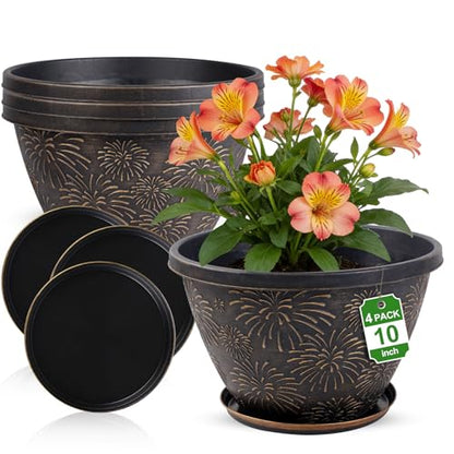 Nooulap 4 Pack 10 Inch Plant Pots Drainage Holes and Saucers - color: Firework Imitation, size: 10 inch