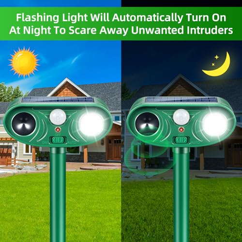 2026 Ultrasonic Solar Animal Repellent Outdoor, Deer Repellent Devices Cat Squirrel Rabbit Dog Raccoon Deterrent with Motion Sensor Flash Light for Yard Garden Lawn 2 Pack(Green)