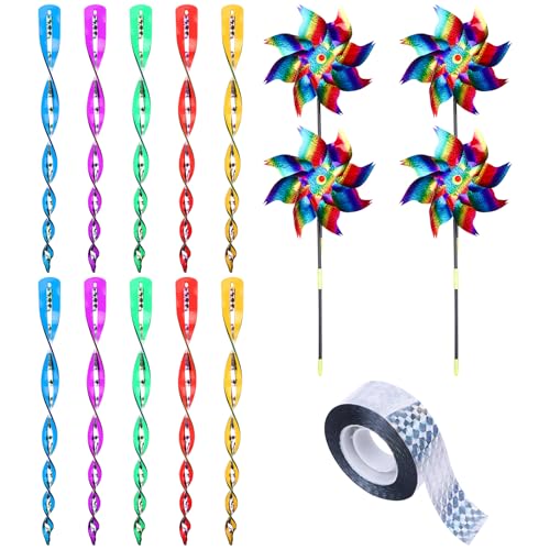 15Pcs Bird Deterrent Devices Outdoor Set Bird Scarer Rods, 10 Pcs Bird Repellent Reflective Scare Rods, 4 Reflective Pinwheels with Stakes and 1 Bird Scare Tape to Scare Birds Away from Yard