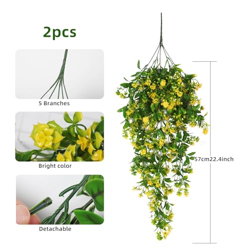 RECUTMS Artificial Fake Hanging Flowers Plants for Outdoors Decor 2Pcs - color: Yellow-rose