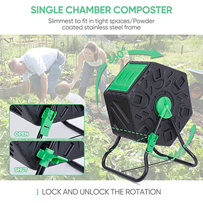F2C 18.5 Gallon Compost Tumbler Compost Bin All-Season Outdoor BPA Free Single Rotating Chamber Composters w/ 2 Sliding Doors and Solid Steel Frame - size: 18.5 Gallon