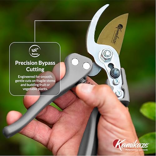 KAMIKAZE Heavy-Duty Professional Pruning Shears for Gardening, Ergonomic Comfort Handle, SK5 High-Carbon Steel Bypass Blade, Cuts Branches Up to 1 Inch, Garden Clippers for Tree and Shrub Trimming - color: Grey