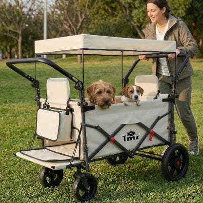 TMZ Collapsible Wagon with 2 Foldable Seats, Folding Wagon with Canopy, Multi Functional Cart with Adjustable Handle Bar, Front Expandable for Transport Camping (Beige) - color: Beige