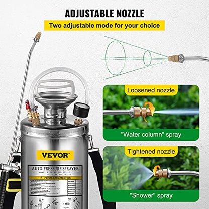 Happybuy 1.5 Gallon Stainless Steel Sprayer, 16" Wand&3.3FT Reinforced Hose, Hand Pump Sprayer with Pressure Gauge, Safety Valve&Adjustable Nozzle, Weed Sprayers for Lawn, Gardening & Sanitizing - size: 1.5 Gallon