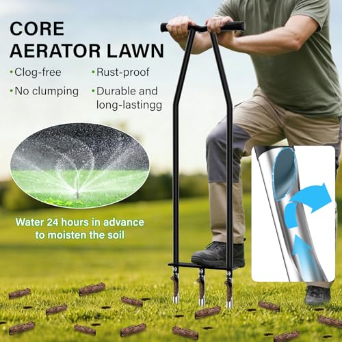 Manual Core Lawn Aerator with 3 High Strength Stainless Steel Tines