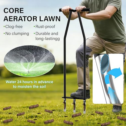 Manual Core Lawn Aerator with 3 High Strength Stainless Steel Tines