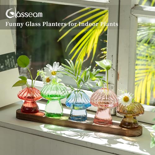 Glasseam Mushroom Glass Plant Propagation Station with Wooden Stand 5Pcs - color: Multicolor, size: 5Pcs