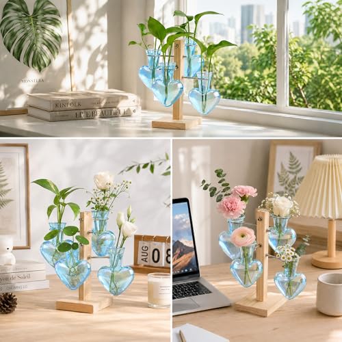 Nacome Plant Terrarium Propagation Stations: Blue Vase with Wooden Stand - color: Blue