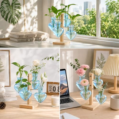 Nacome Plant Terrarium Propagation Stations: Blue Vase with Wooden Stand - color: Blue