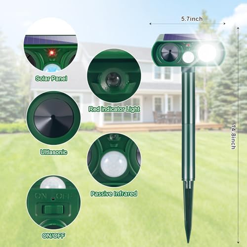 2026 Sonic Fortress Pro Deer Repellent for Plants,4 Pcs Cat Repellent Outdoor Motion Sensor Solar Animal Repellent Ultrasonic Outdoor for Squirrel Rabbit Skunk Racoon Fox Strobe Light,IP65 Waterproof