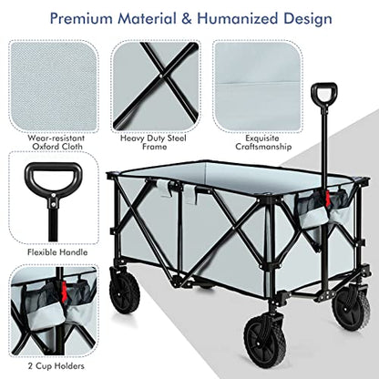 Goplus Collapsible Wagon, Folding Utility Wagon Cart w/Universal Wheels & Adjustable Handle & Cover Bag, Grocery Wagon for Garden Shopping Camping (Grey) - color: Gray