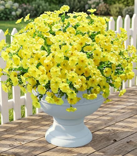 Artificial Fall Flowers Fake Plants for Outdoors, 12 Bundles Yellow Silk Morning Glory with Eucalyptus Realistic UV Resistant Faux Flowers for Outside Planter Porch Yard Patio Garden Home Indoor Decor - color: Yellow