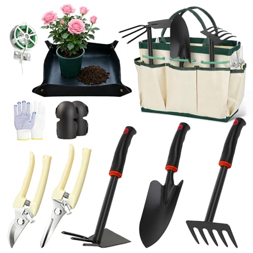 10PCS Gardening Tools Set, Heavy Duty Garden Hand Tool with Storage Bag Rust-Resistant Steel Built to Resist Bending Breaking Garden Essential Kit with Gardening Gifts for Women for Outdoor Planting
