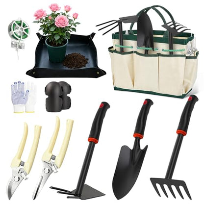 10PCS Gardening Tools Set, Heavy Duty Garden Hand Tool with Storage Bag Rust-Resistant Steel Built to Resist Bending Breaking Garden Essential Kit with Gardening Gifts for Women for Outdoor Planting