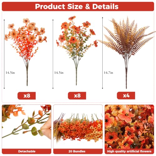20 Pcs Artificial Fall Flowers for Outdoors Fake Mums, Mixed Orange - color: Yellow Orange