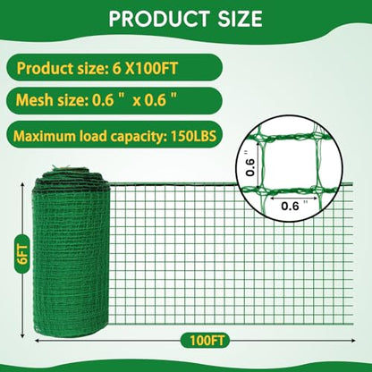 Plastic Mesh Fencing 6FT x 100FT, Garden Bird Netting & Deer Fence, Temporary Animal Barrier for Deer Pets Rabbits Chickens Wildlife, Green Protective Netting for Plants Fruit Vegetables - size: 6x100 FT