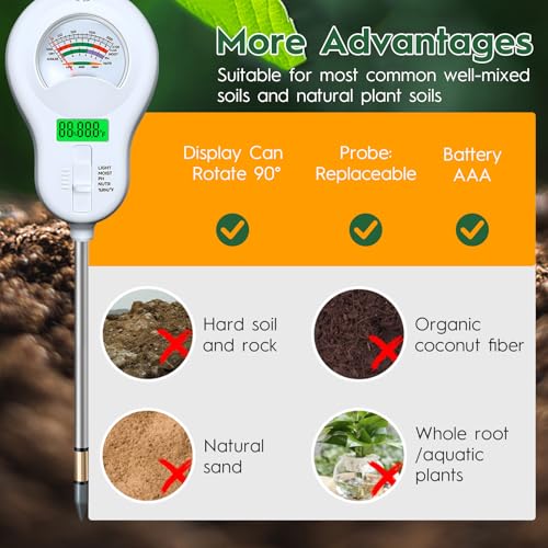 6-in-one Soil Test Kit-Soil Moisture Meter/PH Meter/Fertility/Sunlight Intensity Soil Tester, LCD Air Hygrometer&Temperature Moisture Meter for Plants-Garden, Lawn,Farm,3 Pack Detachable Probe