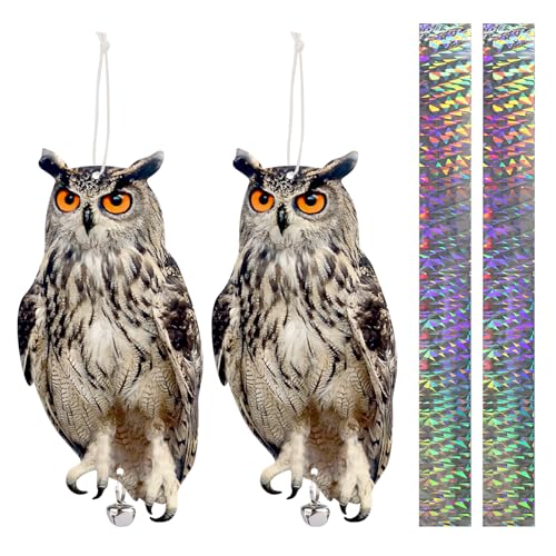 2PCS Hanging Effective Fake Owl Control Device Dual-Side Outdoors Owl with Reflective Tape for Patio Yard Outdoor Front Porch Backyard Windows - color: 2 Light Grey Owl