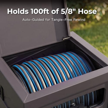 Garden Hose Reel Hideaway, Heavy Duty Metal Hose Reel Box for 125FT x 5/8" Hose, Steel Hose Storage Reel with Manual Crank Handle, Hose Guide System, Leak-Proof Aluminum Fittings, Stable 4-Leg Base