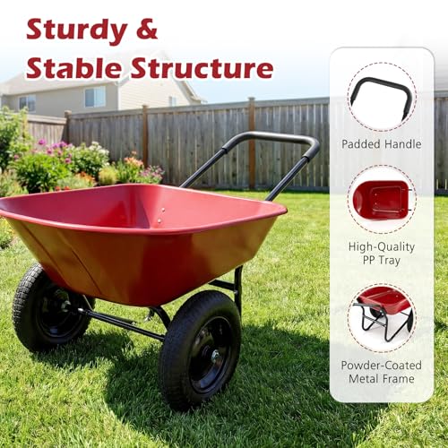 IRONMAX Dual-Wheel Wheelbarrow with All-Terrain Wheels, 220LBS, Red - color: Red
