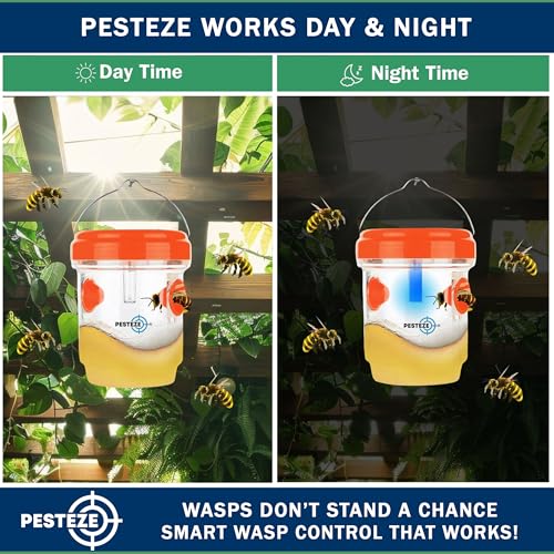 PESTEZE USA 2 Pack Reusable Solar Hanging Wasp Trap with LED Light [Orange, 3.5×4.4 in]–Attracts & Stop Wasps, Hornets, Yellow Jackets & Flying Insects Safely, Waterproof Outdoor Trap